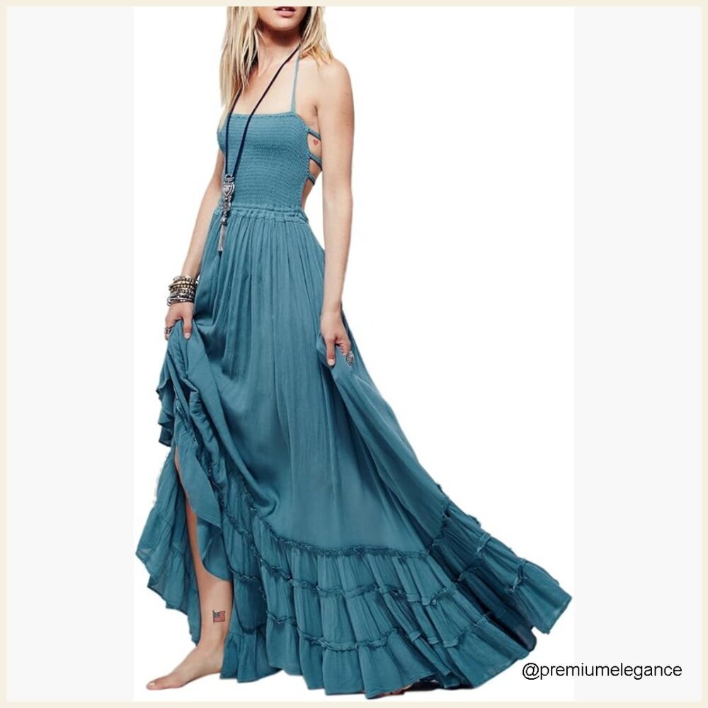 Backless Maxi Dress with Halter Tie, Shirred Bodice, Cotton Rayon